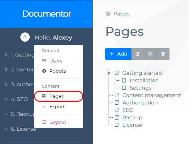 Documentor menu