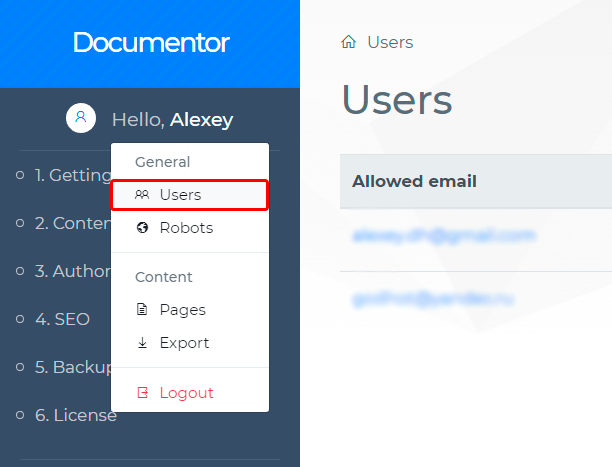 Documentor menu