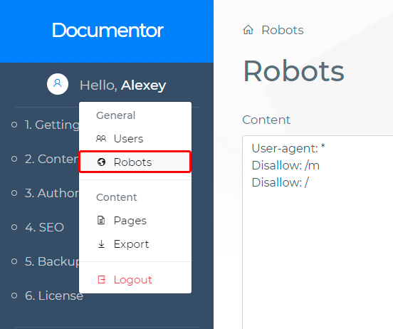 Documentor menu